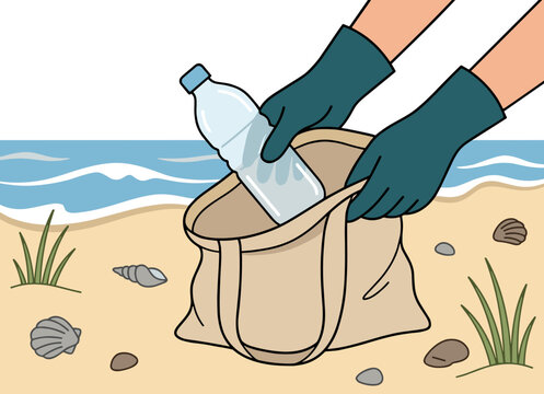 Volunteer in protective gloves placing discarded plastic bottle into recycling bag on sandy beach, coastal cleanup and environmental responsibility concept