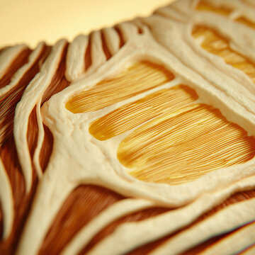Skeletal muscle fascicle bundle cross-section macro render in warm amber gold tones on ivory background