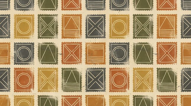 Seamless Grunge Postage Stamp Pattern with Linocut and Ink Roller Texture Vintage Geometric Handcrafted Forms Background seamless pattern grunge postage stamp stamp shape linocut ink texture roller