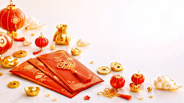 Chinese New Year Red Envelopes with Lanterns, Gold Coins and Ingots on White Background for Prosperity Advertising