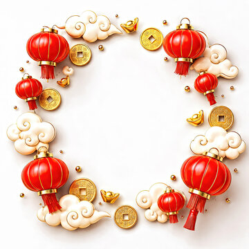 Chinese New Year Lantern Frame with Gold Coins, Yuanbao and Clouds with Copy Space for Festive Greeting Design