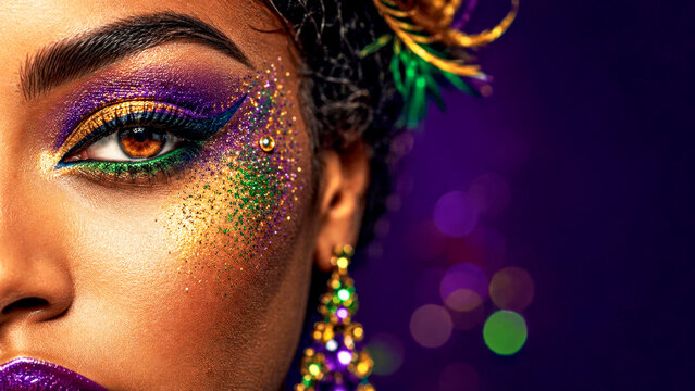Mardi Gras Beauty Close-Up with Purple, Green and Gold Glitter Makeup and Copy Space