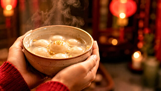 Hands Holding Steaming Bowl of Tangyuan for Chinese Lantern Festival and Lunar New Year Celebration