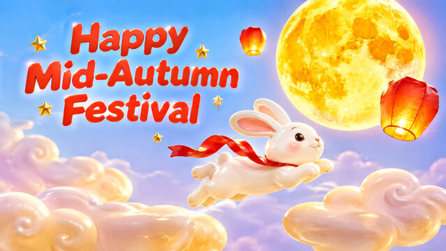 Jade Rabbit Jumping between Clouds toward a Moon with Happy Mid Autumn Festival Greeting