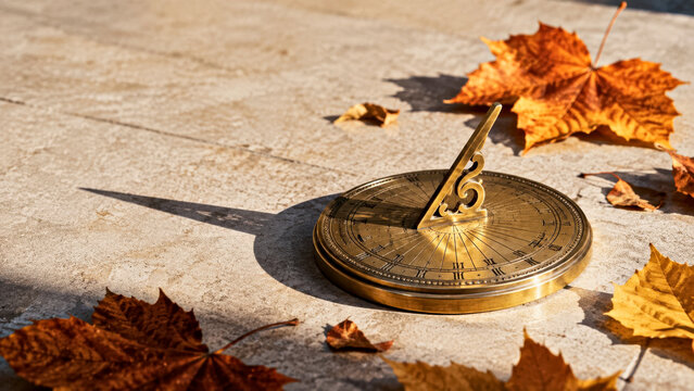 Brass Sundial Casting Long Shadow Among Autumn Leaves for Autumn Equinox, Seasonal Time and Astronomy Concept