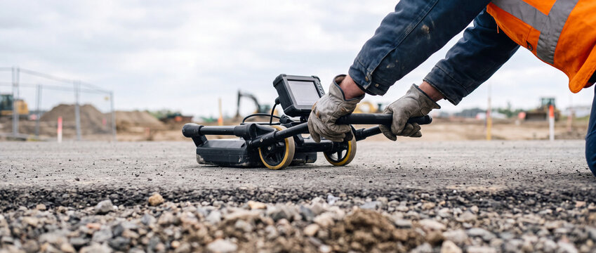 Construction worker using ground penetrating radar to survey gravel road at building site