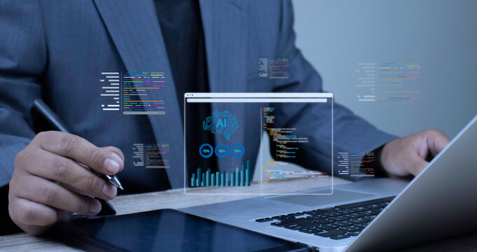 Developer holding pen with laptop and tablet designing AI brain model and writing code scripts. Concept of full stack development, artificial intelligence research, and system integration.