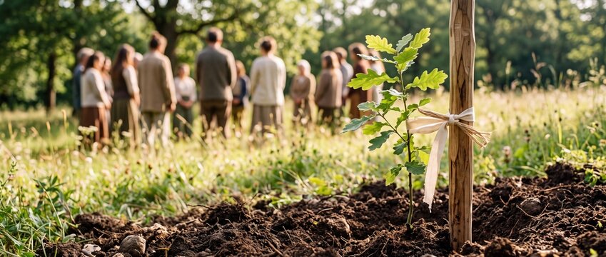 Community tree planting ceremony and memorial dedication with sapling in sunlit meadow