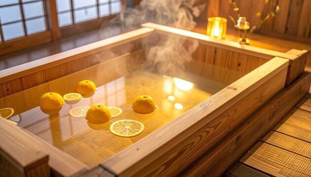 柚子湯・ヒノキ浴槽・丸ごと＆スライスゆず浮かべ・湯気・斜め俯瞰・冬の和ウェルネス / Japanese Yuzu Citrus Bath Hinoki Tub &mdash; Whole & Sliced Yuzu Floating, Steam, Warm Golden Light, Angled Overhead View, Winter Wellness, No People