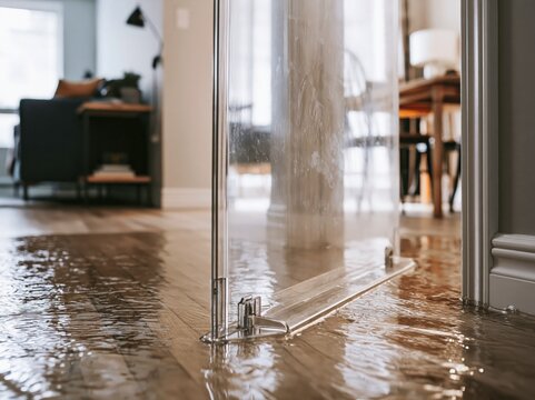 Clear plastic flood shield set at rented apartment doorway against shallow water in bright daylight
