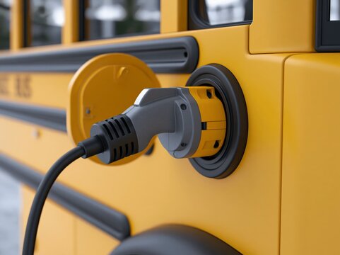 Close detail of electric bus charge port in yellow school bus during charging process