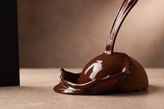 Chocolate glaze pouring over a dessert dome