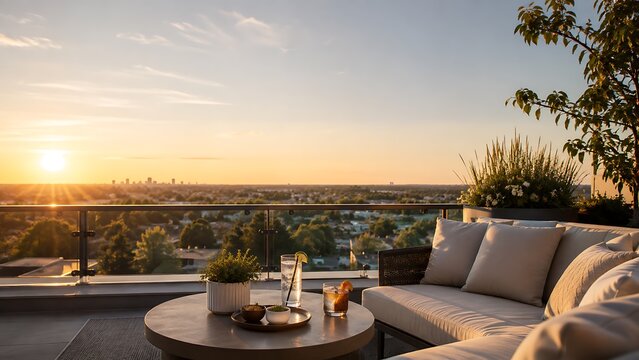 Sunset view from a modern rooftop terrace lounge with golden hour outdoor living cityscape cushions furniture