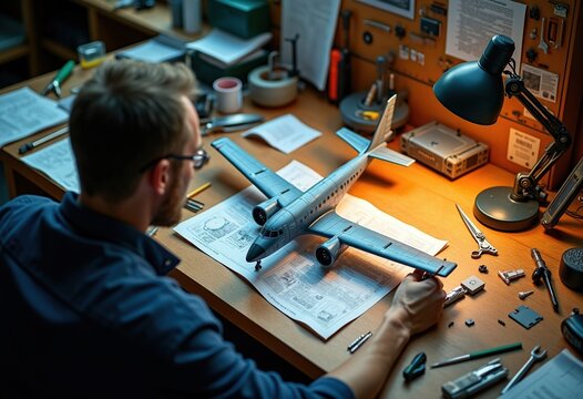 Assembler Focused on Miniature Airplane Kit Craftsman Depot Desk