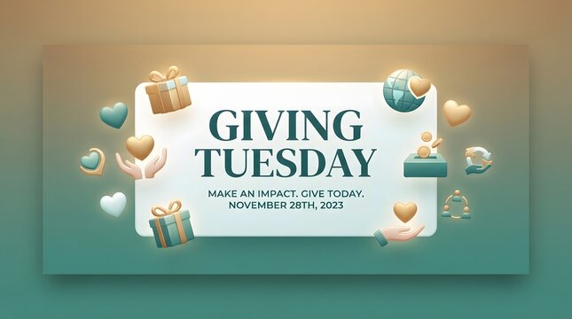 Giving tuesday banner with decorative gift boxes and hearts on a soft gradient background for charitable donations