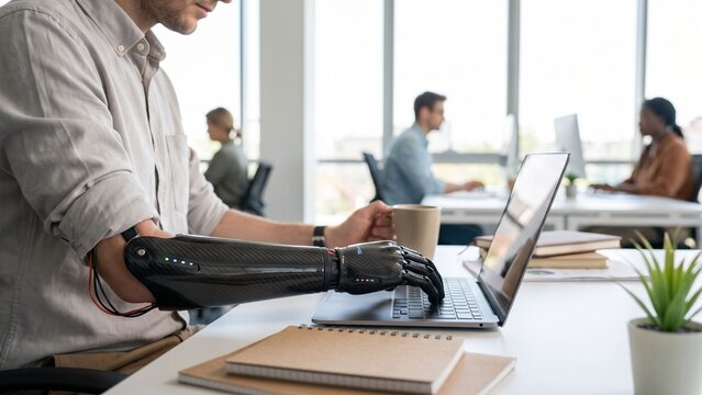 "Professional person with a disability using high-tech assistive equipment in a modern office environment, concept of workplace inclusion and diversity."