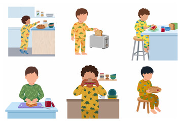Set of little boys in pajamas making and eating breakfast toast and sandwiches in the kitchen