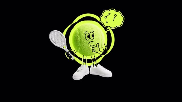 Tennis ball character planning match strategy with a racket and glowing outline in a vibrant 3D/2D style. Seamless alpha-channel loop for dark backgrounds, coaching, training, tournaments, and sports 