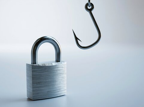 Fish hook hovers over a plain padlock on a smooth surface in a bright setting showing phishing simulation training
