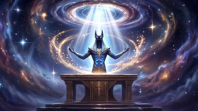 Ancient egyptian deity Anubis summoning cosmic energy at stone altar. Mythological figure in deep space with glowing nebula and swirling galaxy. Panning shot.