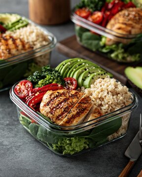 Healthy meal prep containers with grilled chicken, rice, vegetables and avocado, top view