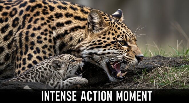 Wild leopard roaring fiercely while resting in the natural forest habitat with wildlife