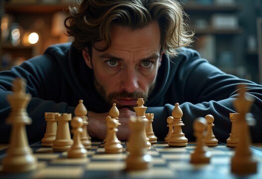 Pensive Chess Player Strategizing Next Move on Intricate Board Championship Mind Games