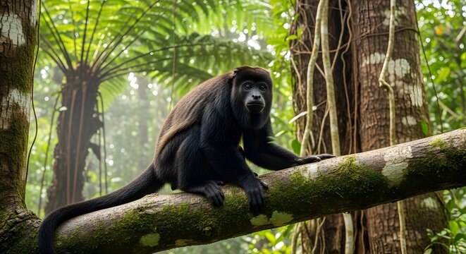 Black howler monkey perched on a mossy branch inside a lush tropical rainforest