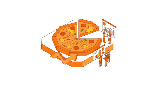 Isometric pizza chart business concept for data analysis presentation.