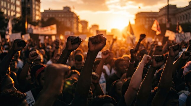 A large crowd of diverse people raising their fists in protest during a golden hour labor day demonstration