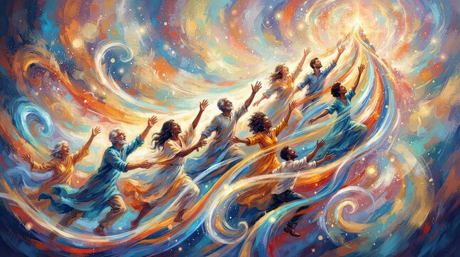 Abstract artistic illustration of diverse people celebrating unity and hard work during a vibrant labor day festival
