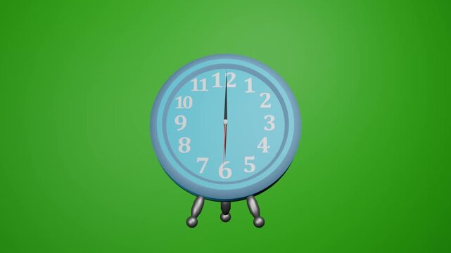 A sleek blue clock stands on silver legs against green