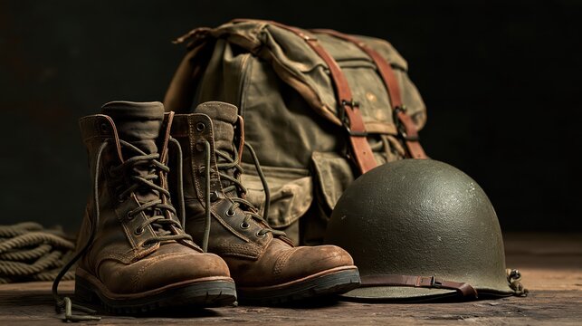 Worn combat boots canvas backpack and military helmet arranged on a rustic wooden surface with dramatic lighting