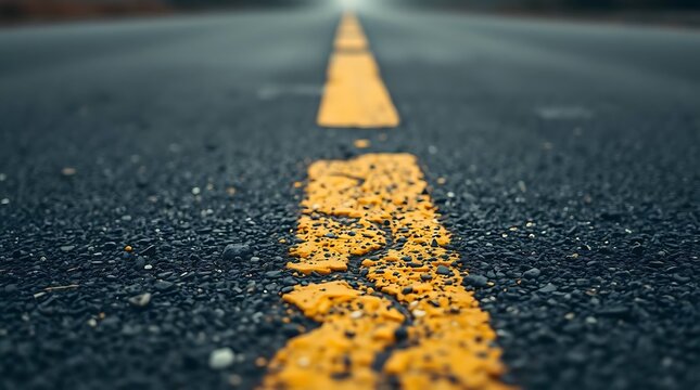Discontinuous yellow lines on a rough asphalt surface.