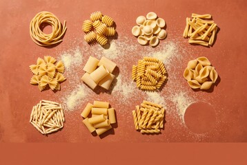Fototapeta premium Pasta variety on terracotta background with flour and assorted shapes