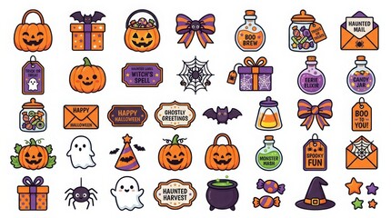 Fototapeta premium Set of cute halloween icons and elements including pumpkins, ghosts, bats, candy, potions, and festive decorations