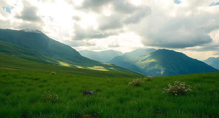 Fototapeta premium Green mountain meadow landscape with dramatic clouds and sunlight over rolling hills.
