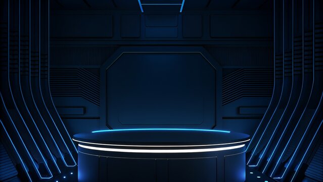 Futuristic Sci Fi Room Dark Blue Neon Lights Abstract Background Circular Platform
