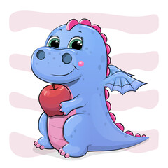 Cute cartoon Blue Dragon with red apple. Vector illustration of animal on white background.