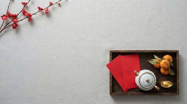 Chinese New Year flat lay with red envelopes, tea set, and mandarin oranges on grey background