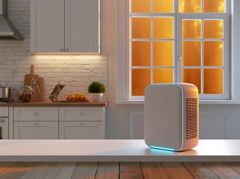 Indoor air purifier working in a bright kitchen to improve air quality during wildfire smoke outside
