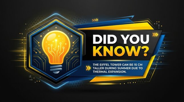 Did you know fact about eiffel tower thermal expansion, digital lightbulb icon, futuristic design