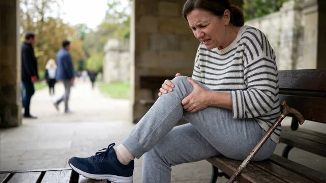 Ache bone disorder: physical trauma, joint inflammation, wooden bench, cane support, mature adult, muscle spasm, outdoor park, chronic illness, weary face, health crisis, body posture.