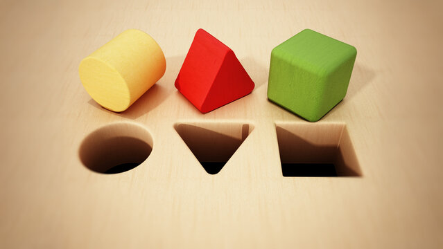 Cube, prism and cylinder wooden blocks in front of holes. 3D illustration