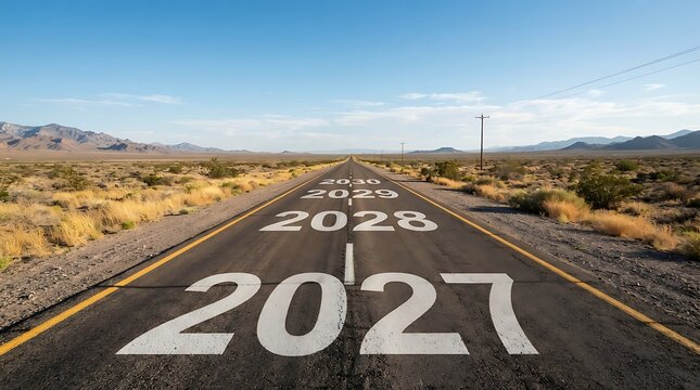 A long asphalt road in a desert landscape with the years 2027, 2028, 2029, and 2030 painted on the road surface