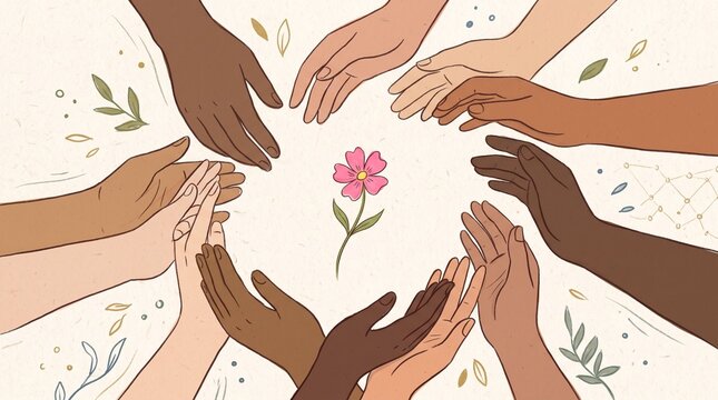 Diverse hands reaching towards a single pink flower symbolizing unity diversity and growth