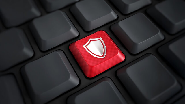 Shield icon on red computer keyboard key. 3D illustration