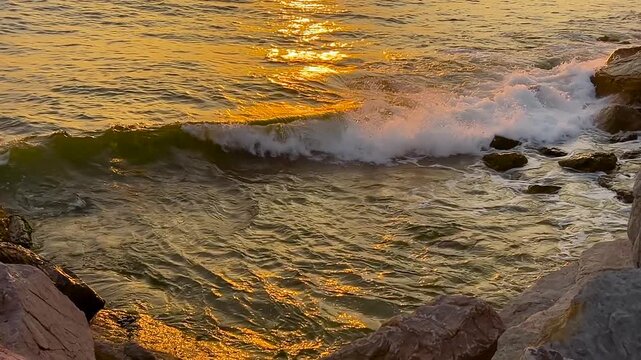 Golden sunset waves crashing against rocky shoreline in Istanbul with warm reflections on the sea surface. Dramatic coastal landscape, travel destination, evening mood, nature power concept