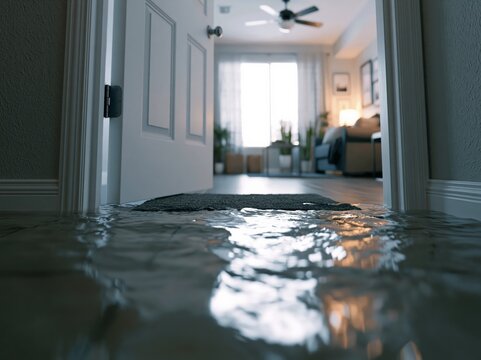 Floodwater reaches doorway of ground-floor apartment in overcast light