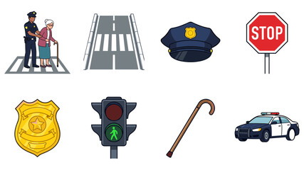Vector set of police and traffic safety icons featuring officers, signs, and patrol cars. © MDSOJIB